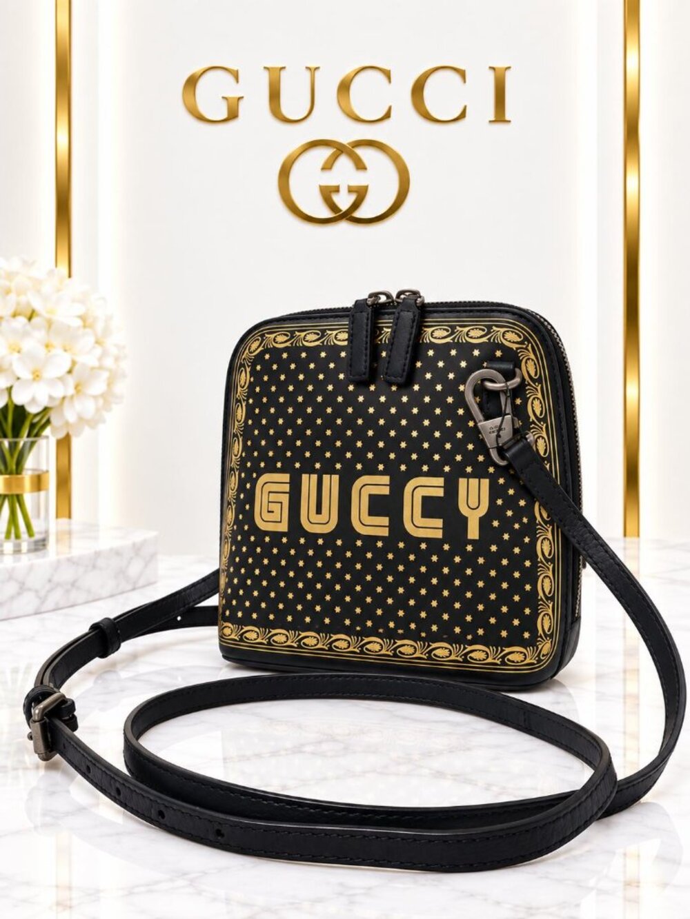 Authentic Gucci Guccy Sega Logo Black Gold Leather Crossbody Bag Vintage Style